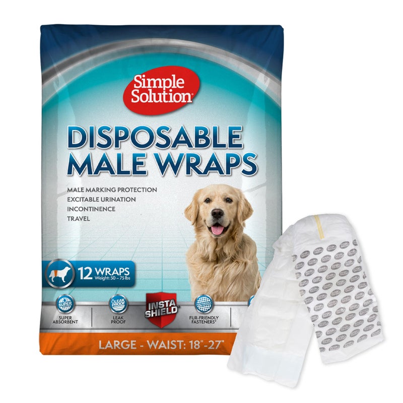 Simple Solution Disposable Dog Diapers Wraps for Male Dogs, True Fit, Absorbent, Leak Proof with Wetness Indicator, Puppy and Doggie Diaper for Peeing, For Large Pets, 18-27 Inch Waist, 12 Count - Image 1